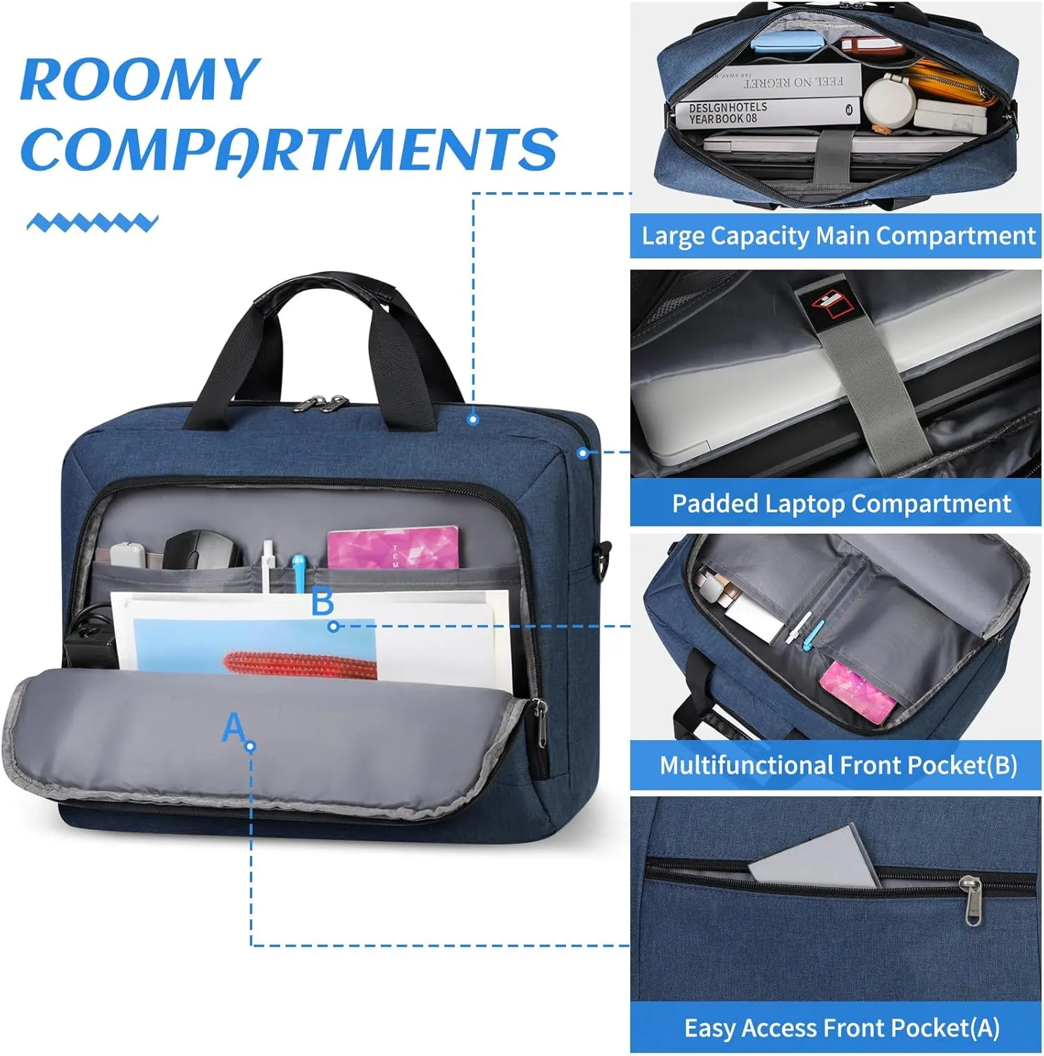Laptop Bag 17.3 Inch Laptop Briefcase Large Waterproof Laptop Case for Men Women Business Office Work Computer Bag 17 Inch Adjustable Shoulder Messenger Bag, Blue
