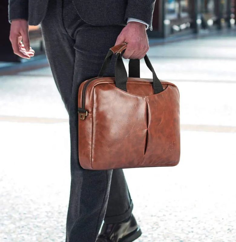 Laptop Briefcase - Water Resistant Vegan Leather | Adjustable Shoulder Strap | 15.6 inch | Rust Brown