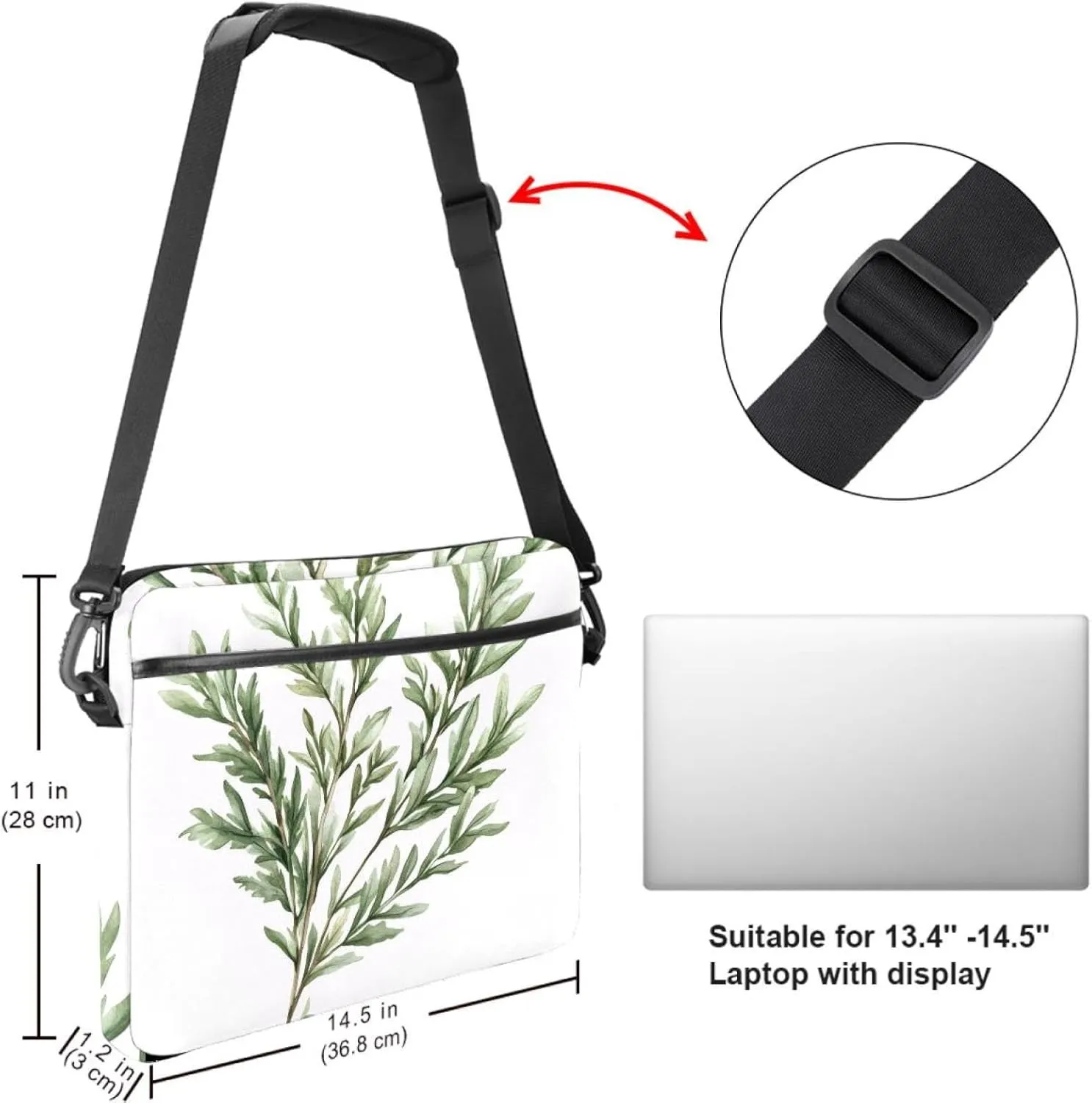 Laptop Shoulder Bag Watercolor Leaves Twigs Pattern Padded Computer Briefcase for Adults, 13.4-14.5 Inch