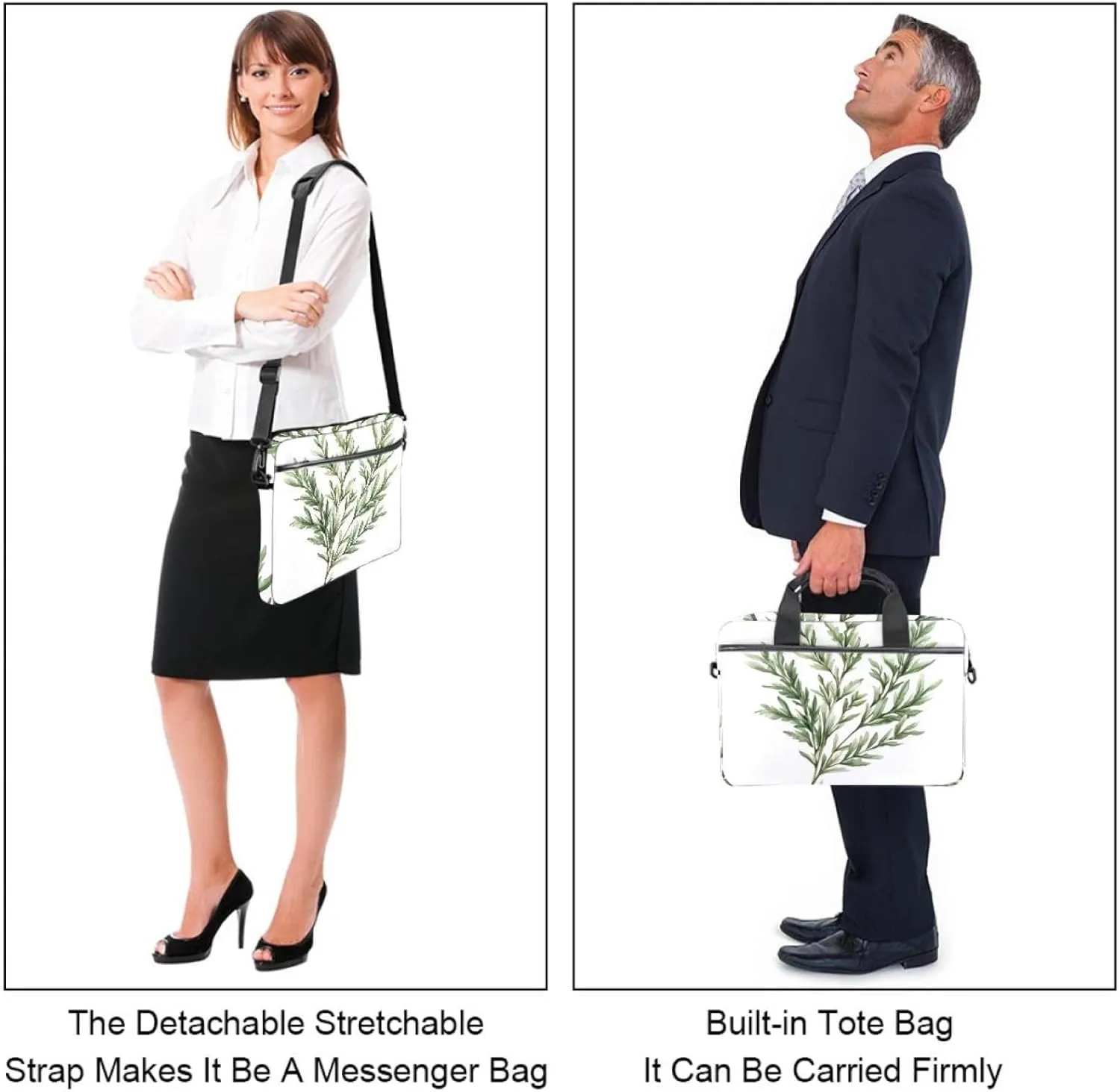 Laptop Shoulder Bag Watercolor Leaves Twigs Pattern Padded Computer Briefcase for Adults, 13.4-14.5 Inch