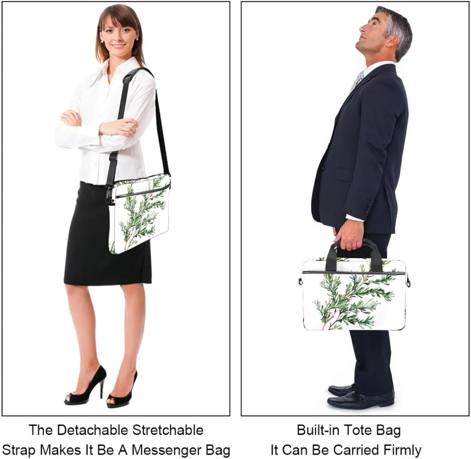 Laptop Shoulder Bag Watercolor Leaves Twigs Pattern Padded Computer Briefcase for Adults, 13.4-14.5 Inch