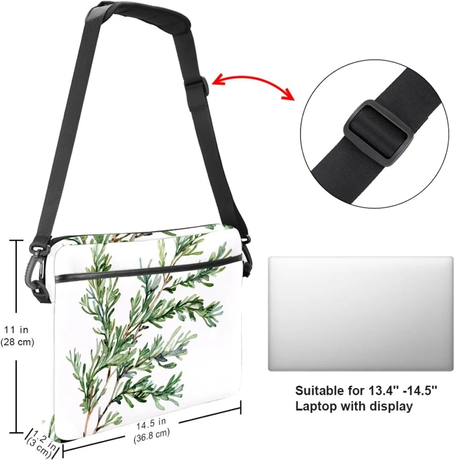 Laptop Shoulder Bag Watercolor Leaves Twigs Pattern Padded Computer Briefcase for Adults, 13.4-14.5 Inch