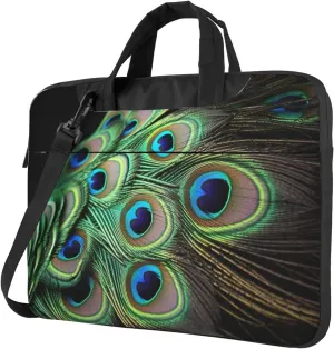 Laptop Sleeve Bag Shockproof Notebook Case Green Peacock Feather Computer Carrying Case with Shoulder Strap 14 inch