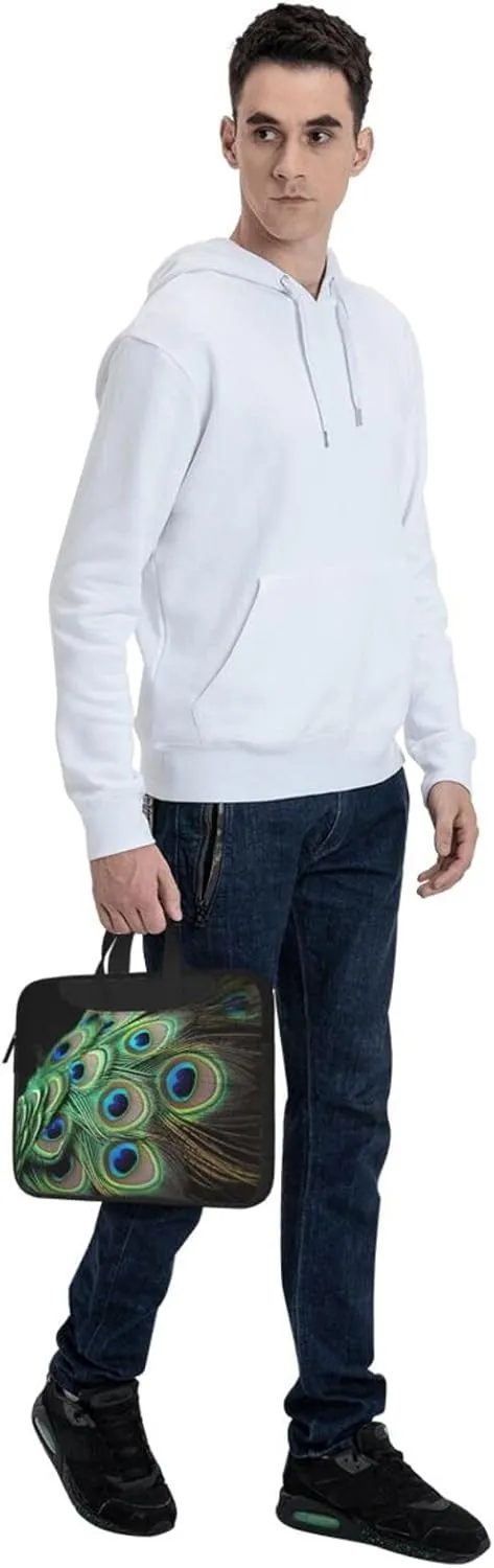 Laptop Sleeve Bag Shockproof Notebook Case Green Peacock Feather Computer Carrying Case with Shoulder Strap 14 inch