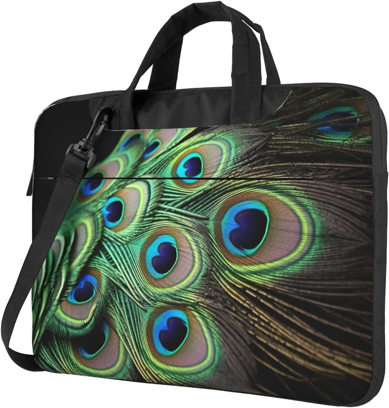 Laptop Sleeve Bag Shockproof Notebook Case Green Peacock Feather Computer Carrying Case with Shoulder Strap 14 inch
