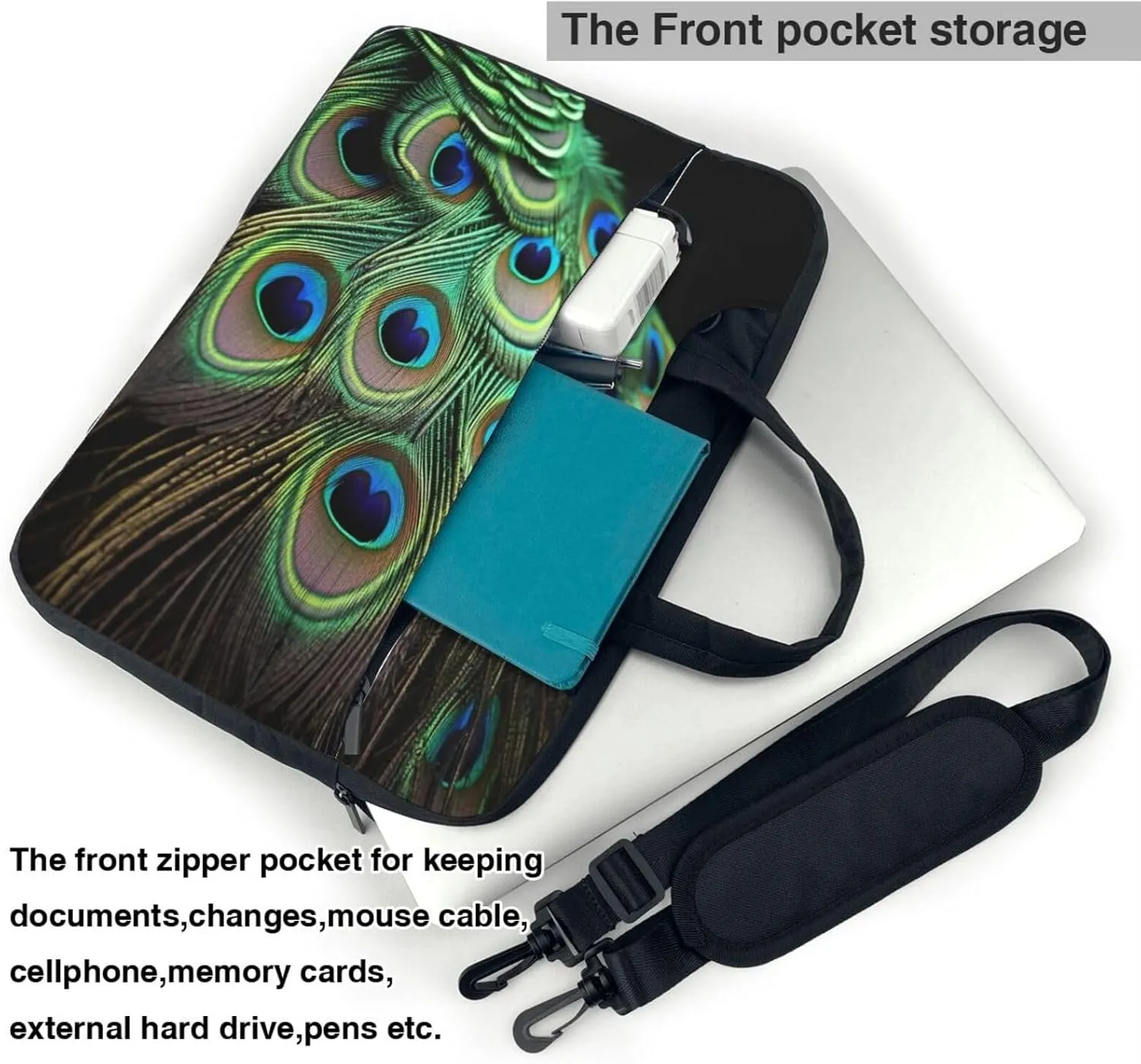 Laptop Sleeve Bag Shockproof Notebook Case Green Peacock Feather Computer Carrying Case with Shoulder Strap 14 inch