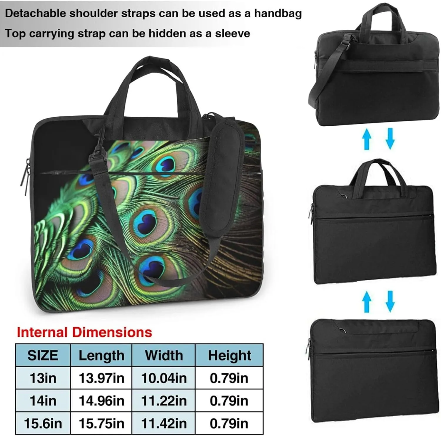 Laptop Sleeve Bag Shockproof Notebook Case Green Peacock Feather Computer Carrying Case with Shoulder Strap 14 inch