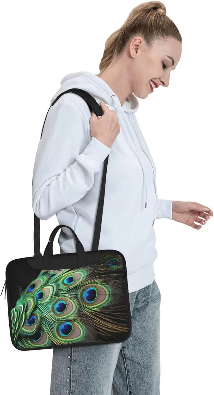 Laptop Sleeve Bag Shockproof Notebook Case Green Peacock Feather Computer Carrying Case with Shoulder Strap 14 inch