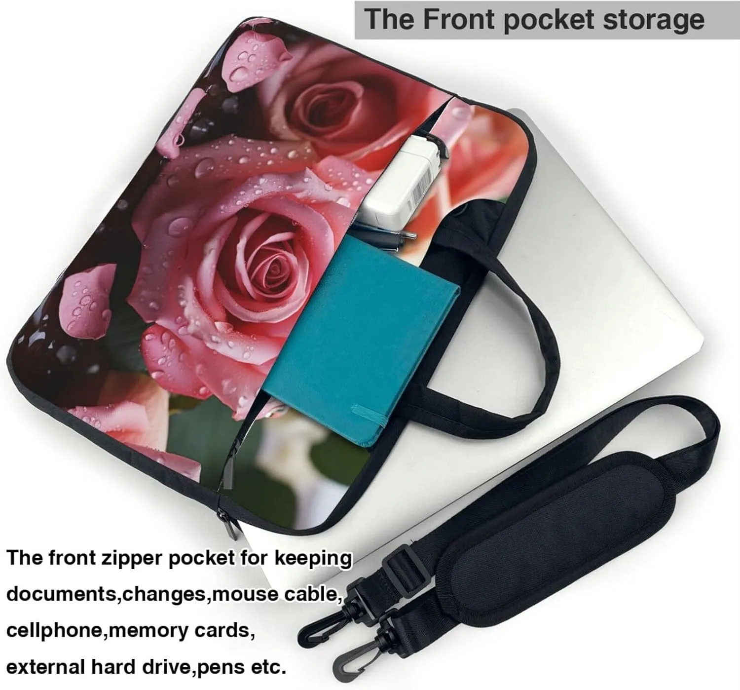 Laptop Sleeve Bag Shockproof Notebook Case Love Rose Flower Petal Computer Carrying Case with Shoulder Strap 15.6 inch
