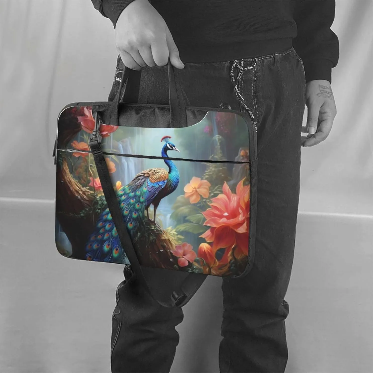 Laptop Sleeve Bag Shockproof Notebook Case Magic Forest Pond Peacock Computer Carrying Case with Shoulder Strap 14 inch