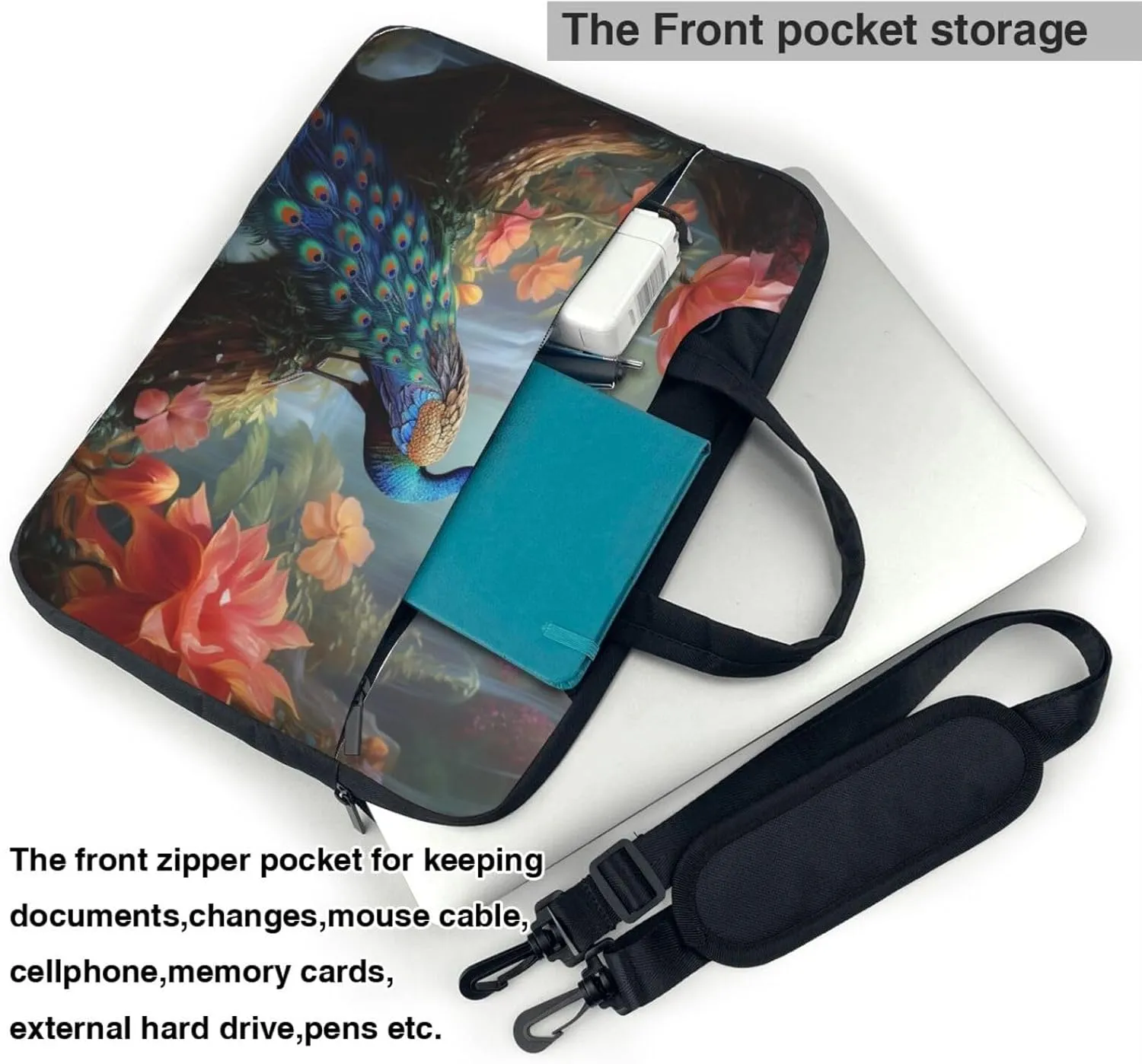 Laptop Sleeve Bag Shockproof Notebook Case Magic Forest Pond Peacock Computer Carrying Case with Shoulder Strap 14 inch