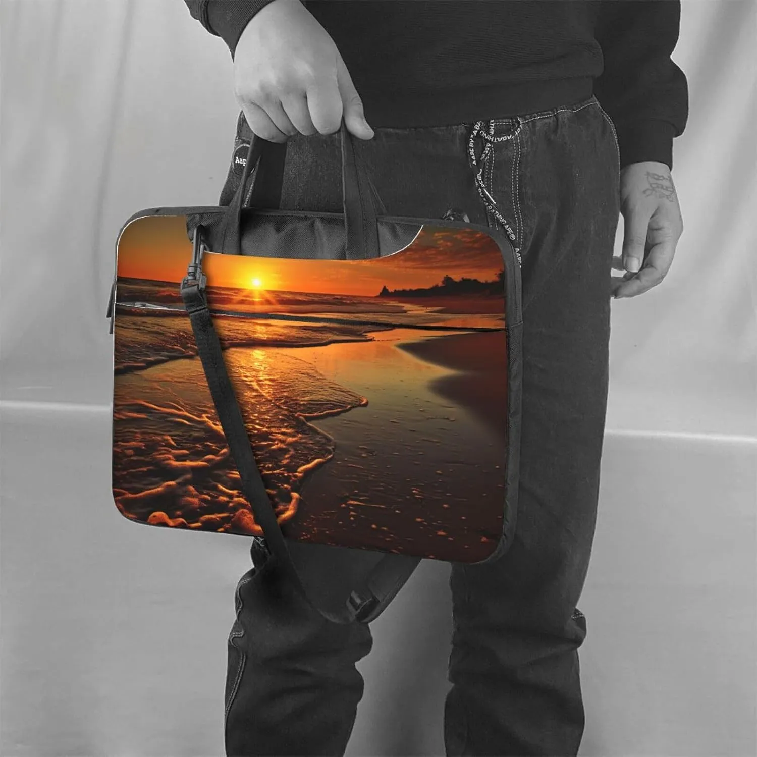 Laptop Sleeve Bag Shockproof Notebook Case Orange Sunrise Beach Computer Carrying Case with Shoulder Strap 13 inch