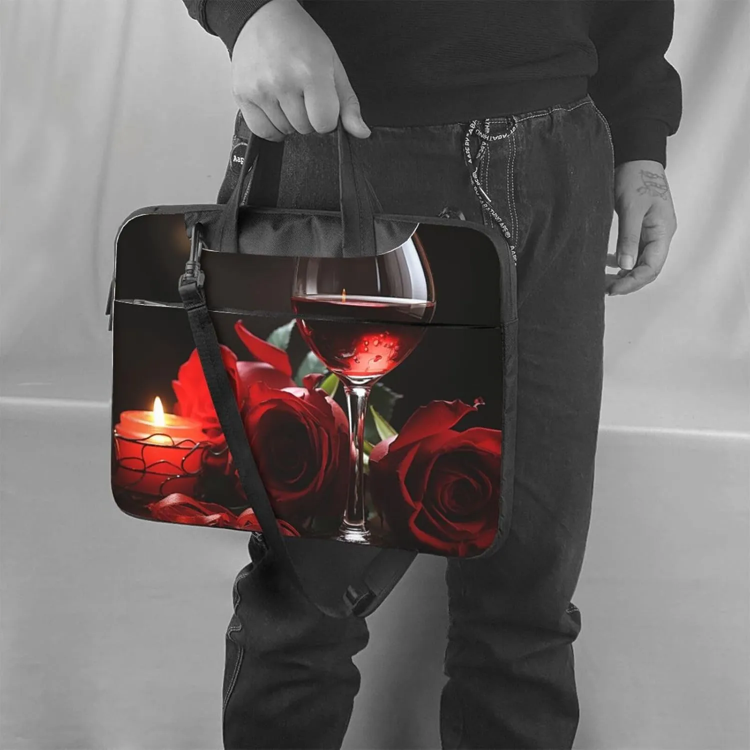 Laptop Sleeve Bag Shockproof Notebook Case Red Rose Wine Glass and Candle Computer Carrying Case with Shoulder Strap 14 inch