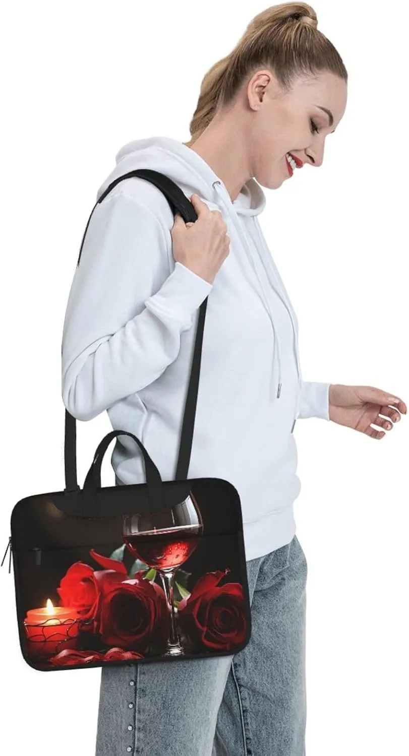 Laptop Sleeve Bag Shockproof Notebook Case Red Rose Wine Glass and Candle Computer Carrying Case with Shoulder Strap 14 inch