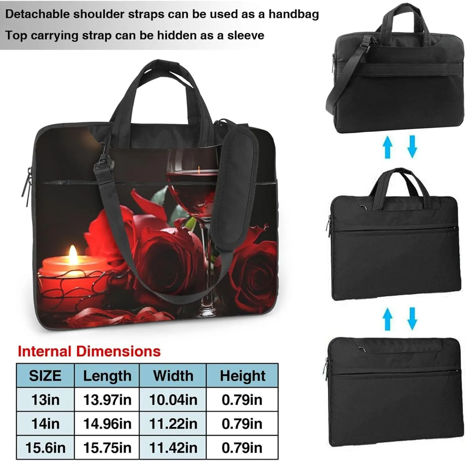 Laptop Sleeve Bag Shockproof Notebook Case Red Rose Wine Glass and Candle Computer Carrying Case with Shoulder Strap 14 inch