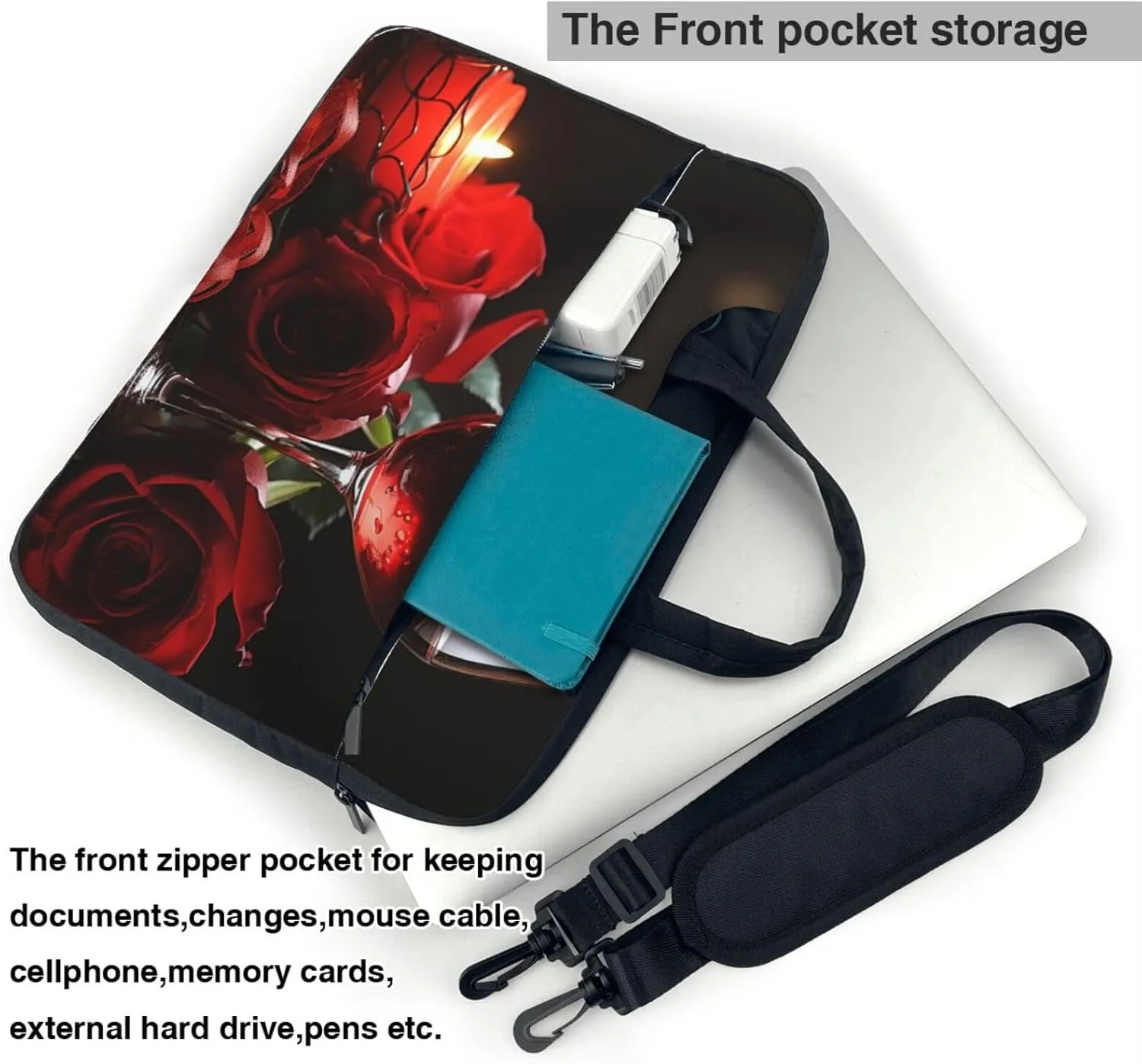 Laptop Sleeve Bag Shockproof Notebook Case Red Rose Wine Glass and Candle Computer Carrying Case with Shoulder Strap 14 inch