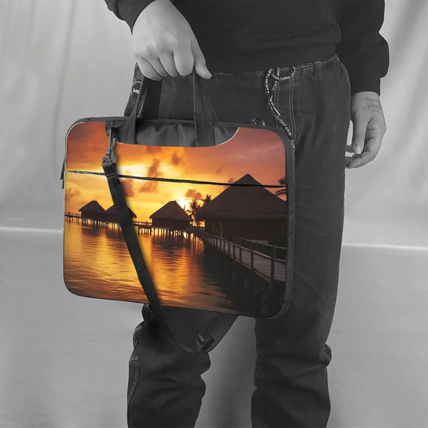 Laptop Sleeve Bag Shockproof Notebook Case Tahiti Resort Sunset Peel Computer Carrying Case with Shoulder Strap 13 inch