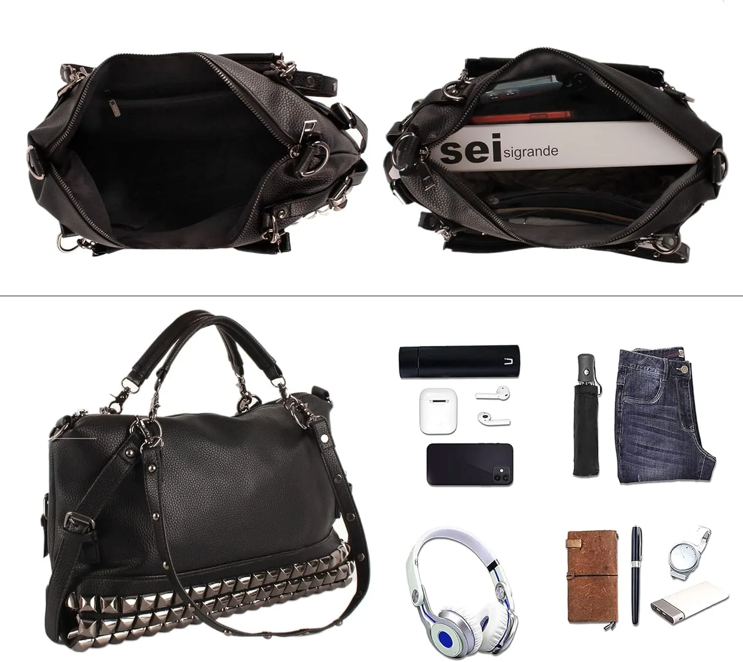 Large Crossbody Purse Leather Top Handle Punk Rivet Hobo Handbag for Women