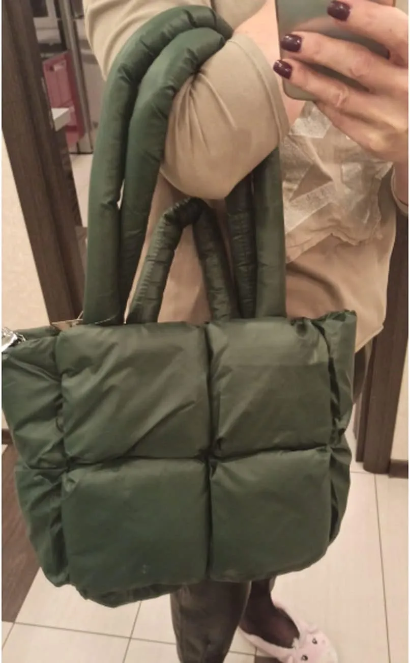 Large Lightweight Quilted Tote Bag for Women, Luxury Soft Padded Handbags, Winter Nylon Down Cotton Padding Shoulder Bags