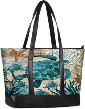 Large Tote Bag for Women Travel Beach Shoulder Bag with Zipper 15.6'' Laptop Bag Tote Handbag Ocean Turtle Pattern