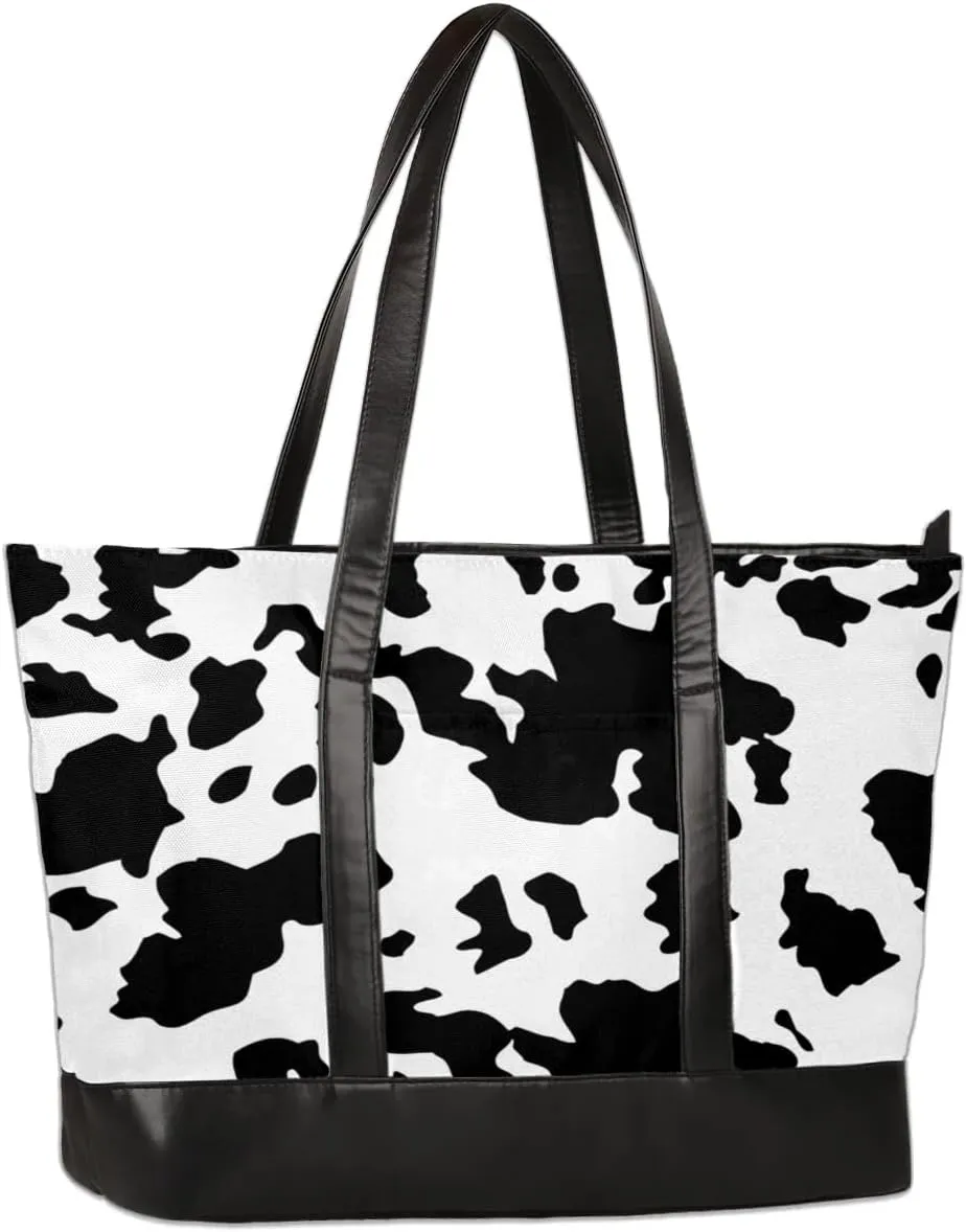 Large Tote for Women's Travel, Beach, Shoulder Bag with Zipper - 15.6'' Laptop Bag - Lightweight Tote Handbag in Cow Pattern