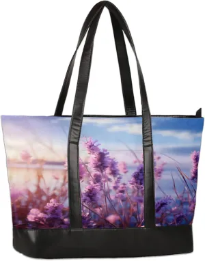 Lavender Flower Lake Laptop Tote Bag for Women Lightweight Work Purse with Multiple Compartments Fits 13-15.6 Inch Laptop Tablet Shoulder Bag for Office Travel Daily Use