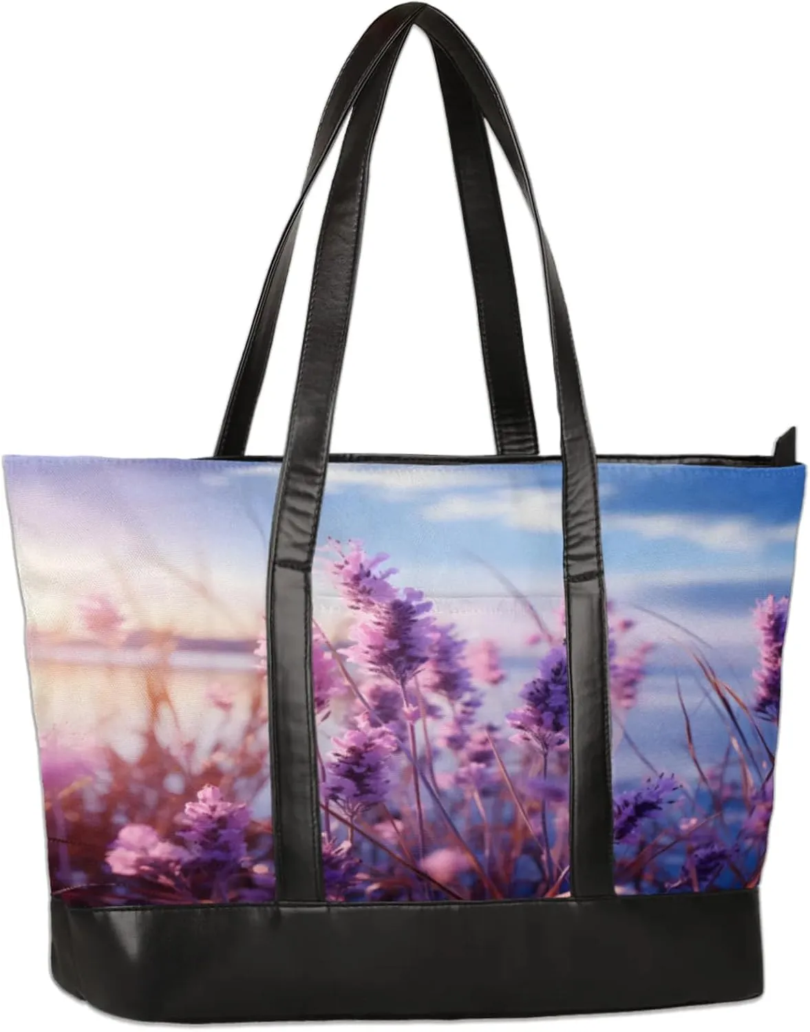 Lavender Flower Lake Laptop Tote Bag for Women Lightweight Work Purse with Multiple Compartments Fits 13-15.6 Inch Laptop Tablet Shoulder Bag for Office Travel Daily Use