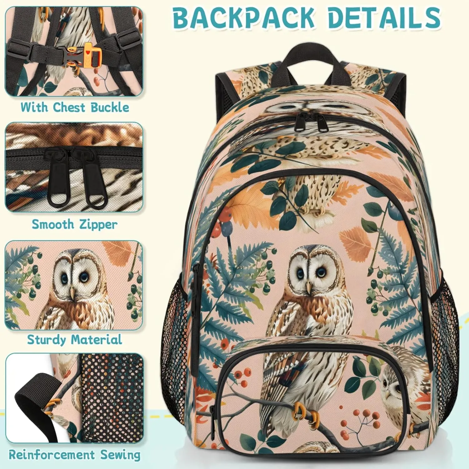 Leaf Owl Travel Laptop Backpacks for Women Men, Bird Owl 16.7" Waterproof Back Pack Casual Daypack for Travel