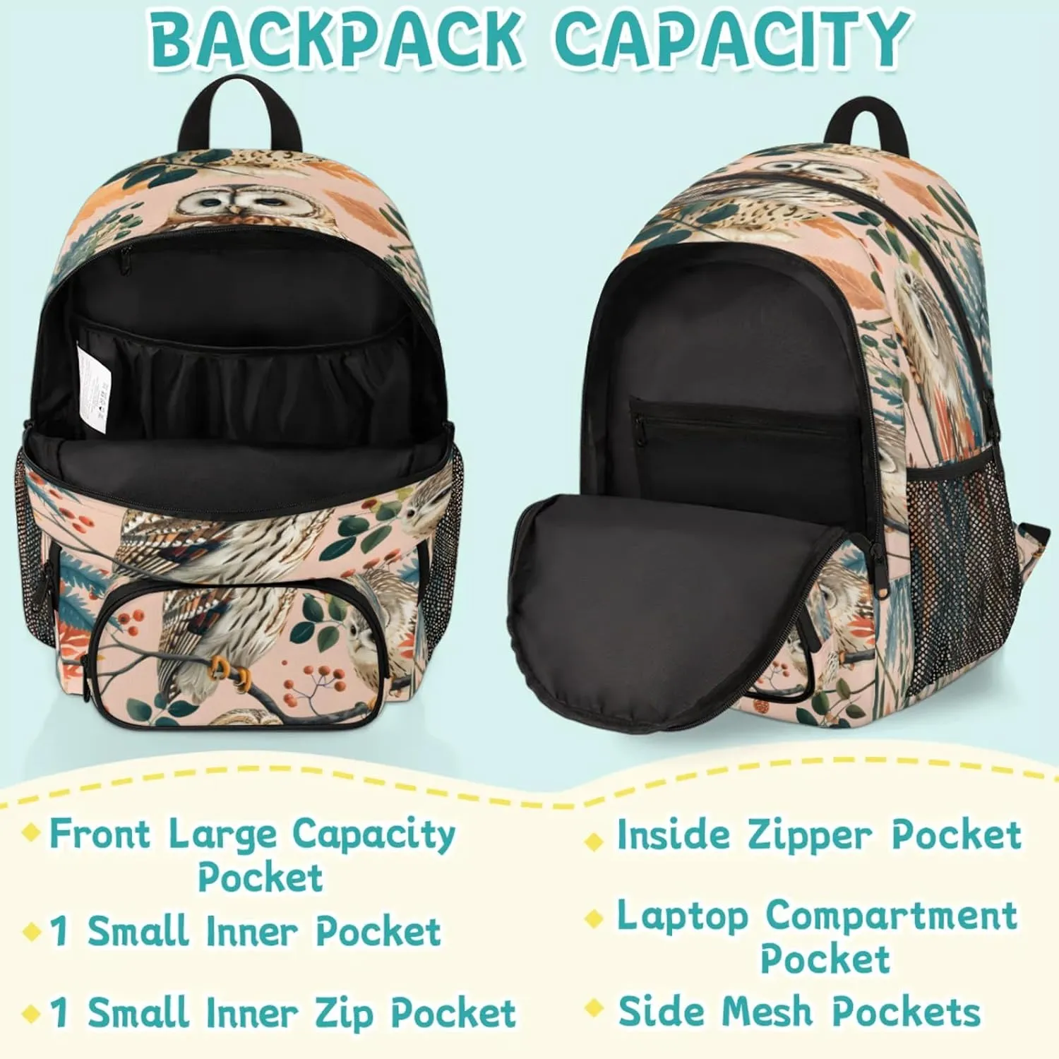 Leaf Owl Travel Laptop Backpacks for Women Men, Bird Owl 16.7" Waterproof Back Pack Casual Daypack for Travel