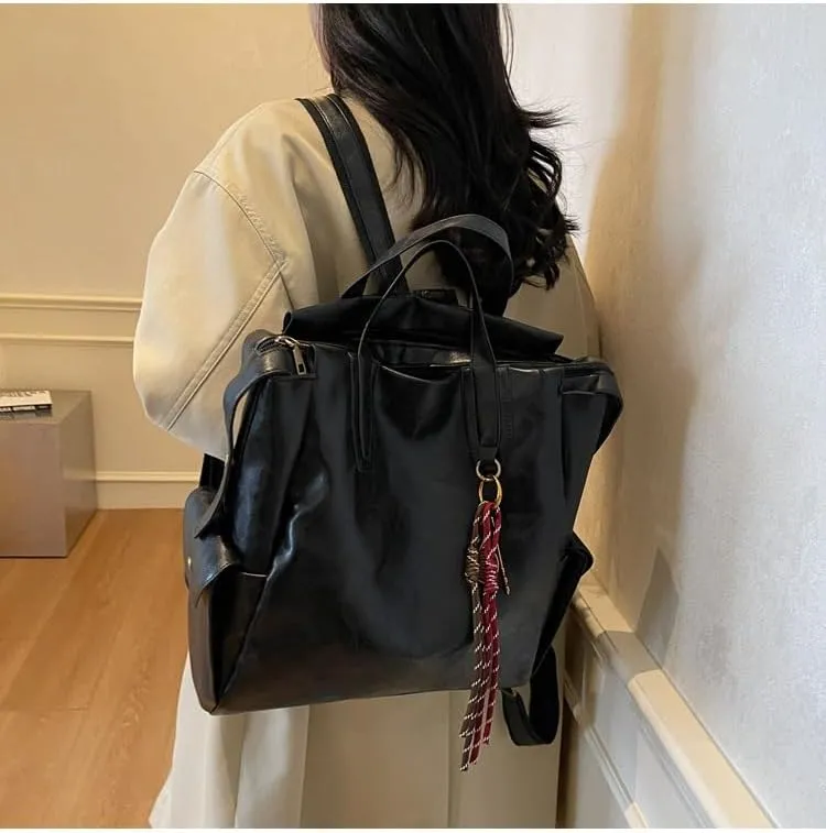 Leather Backpack for Men Black Laptop Computer Backpack Large Capacity Business Ladies Retro Leisure Travel Backpacks (PU Leather, W32*H35*D12cm)
