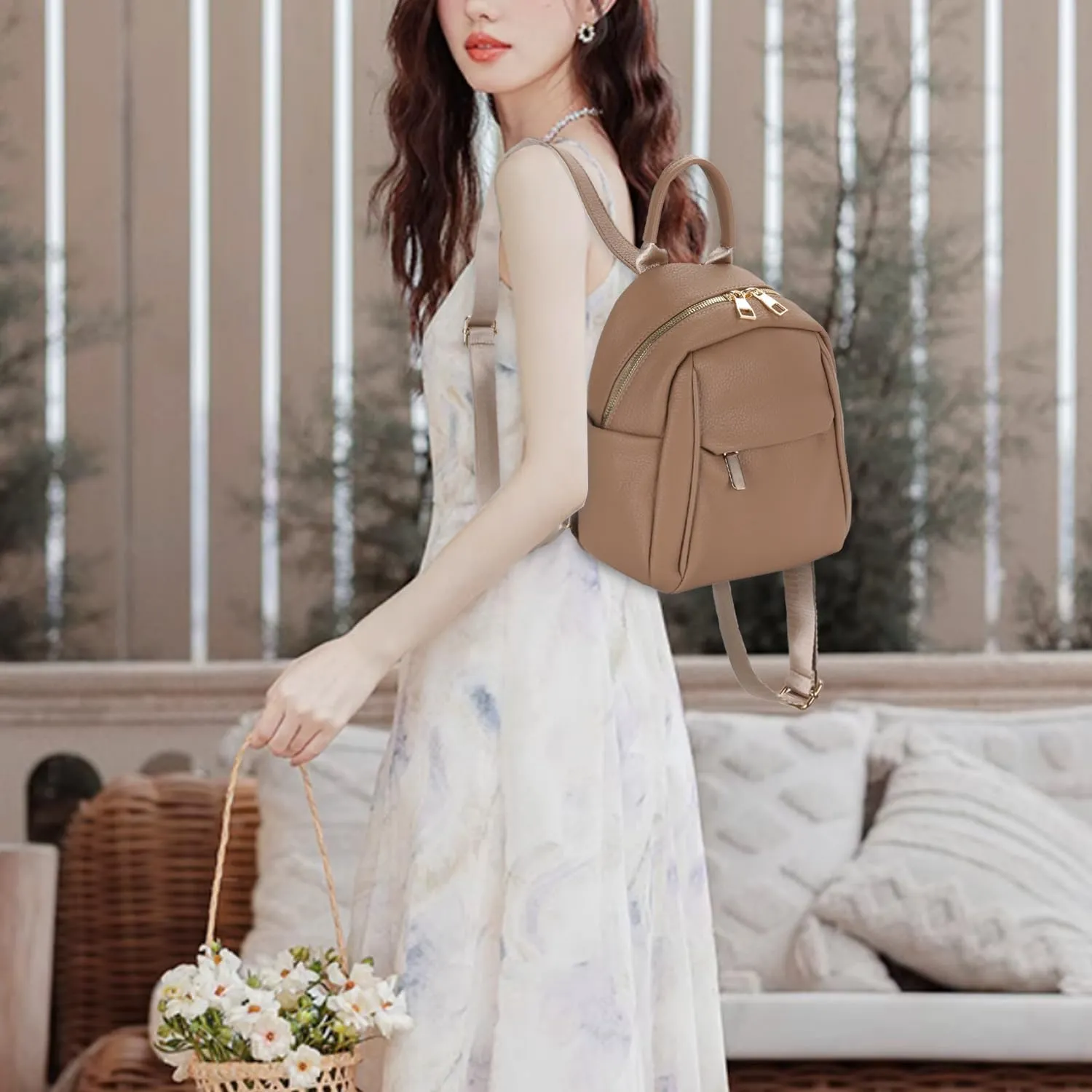 Leather Backpack Purse for Women Fashion Leather Backpack Purse Small Backpack Bag for Trave Brown