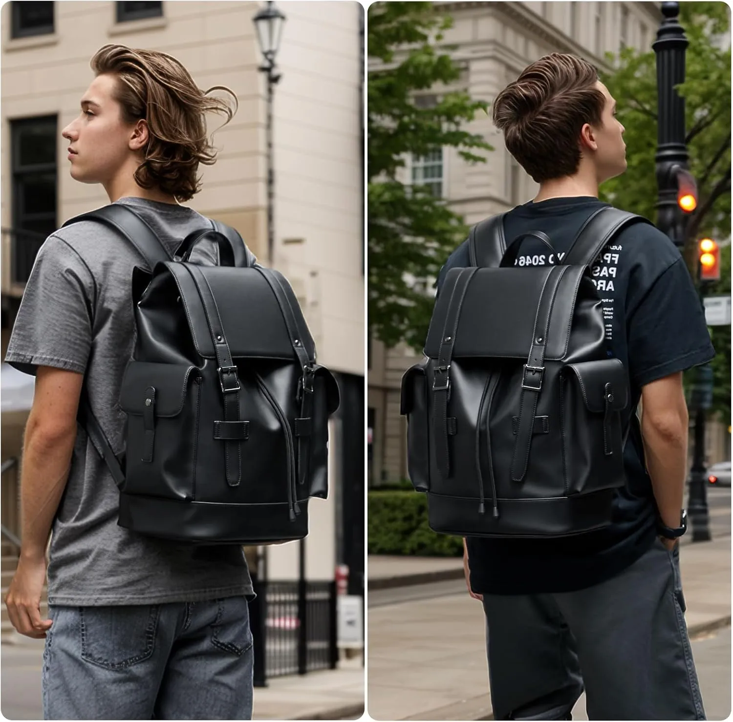 Leather Backpack Waterproof Fit 15.6 Inch Laptop Vintage Drawstring Design Large Capacity Travel Sports Outdoor Casual Black Men Women College Backpack