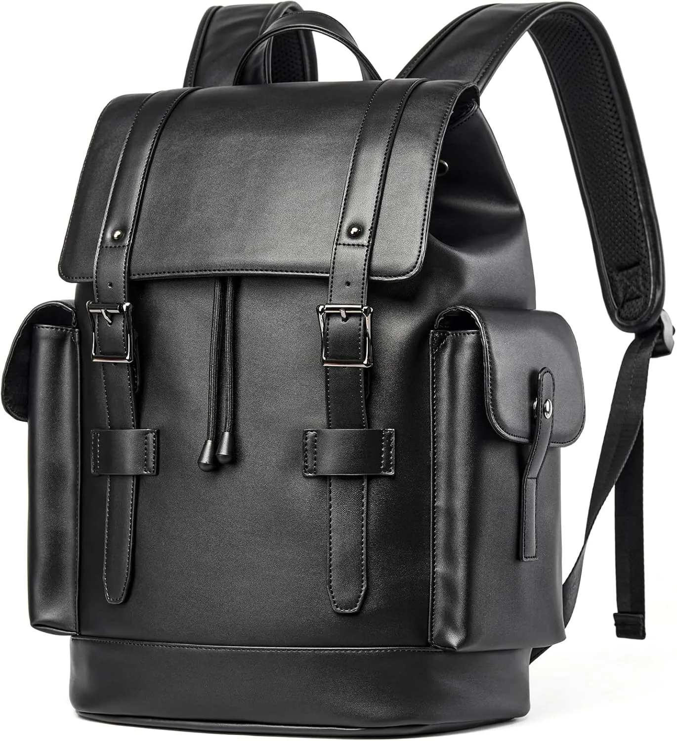 Leather Backpack Waterproof Fit 15.6 Inch Laptop Vintage Drawstring Design Large Capacity Travel Sports Outdoor Casual Black Men Women College Backpack