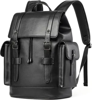 Leather Backpack Waterproof Fit 15.6 Inch Laptop Vintage Drawstring Design Large Capacity Travel Sports Outdoor Casual Black Men Women College Backpack