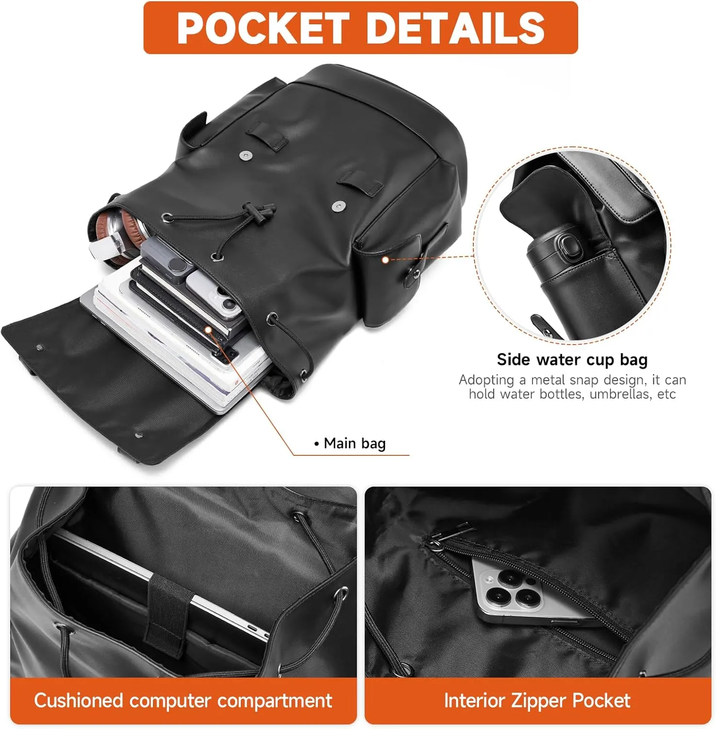 Leather Backpack Waterproof Fit 15.6 Inch Laptop Vintage Drawstring Design Large Capacity Travel Sports Outdoor Casual Black Men Women College Backpack