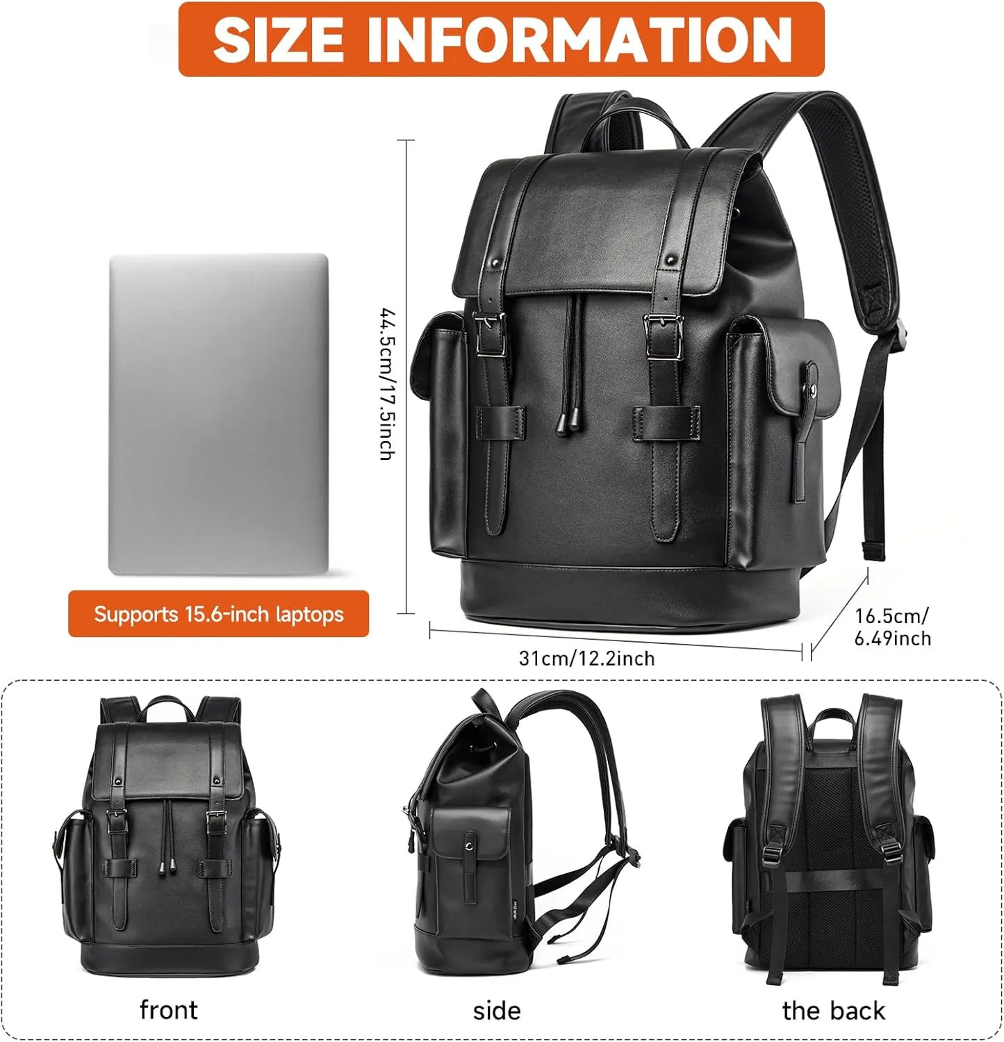 Leather Backpack Waterproof Fit 15.6 Inch Laptop Vintage Drawstring Design Large Capacity Travel Sports Outdoor Casual Black Men Women College Backpack