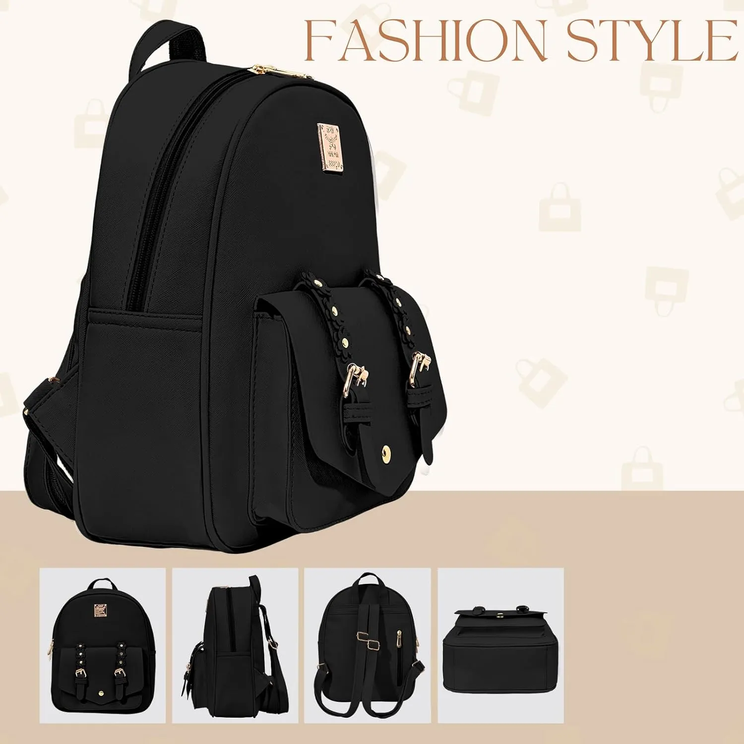 Leather Mini Backpack Purse for Women 3-Piece Set Floral Cute Small Casual Travel School Daypacks Little Wallet Bag（Black）