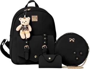 Leather Mini Backpack Purse for Women 3-Piece Set Floral Cute Small Casual Travel School Daypacks Little Wallet Bag（Black）