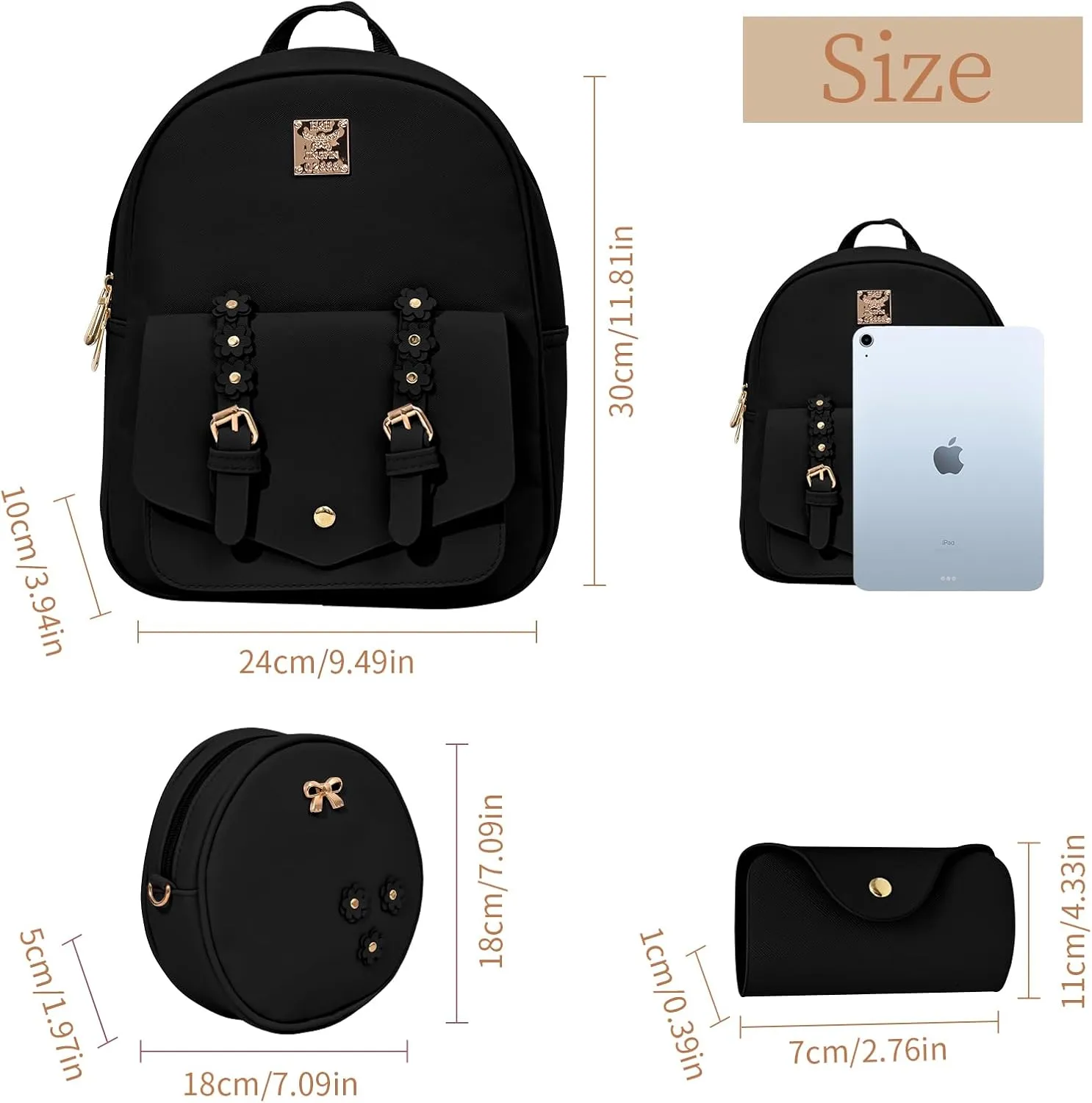 Leather Mini Backpack Purse for Women 3-Piece Set Floral Cute Small Casual Travel School Daypacks Little Wallet Bag（Black）