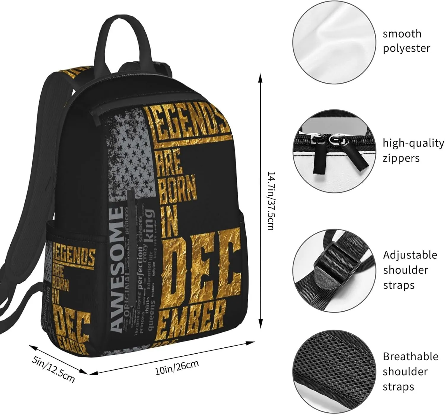 Legends Are Born In December Awesome Casual Backpacks Large Capacity Laptop Backpack Sports Rucksack Travel Daypack Adjustable Shoulder Strap Work Bag for Outdoor Camping