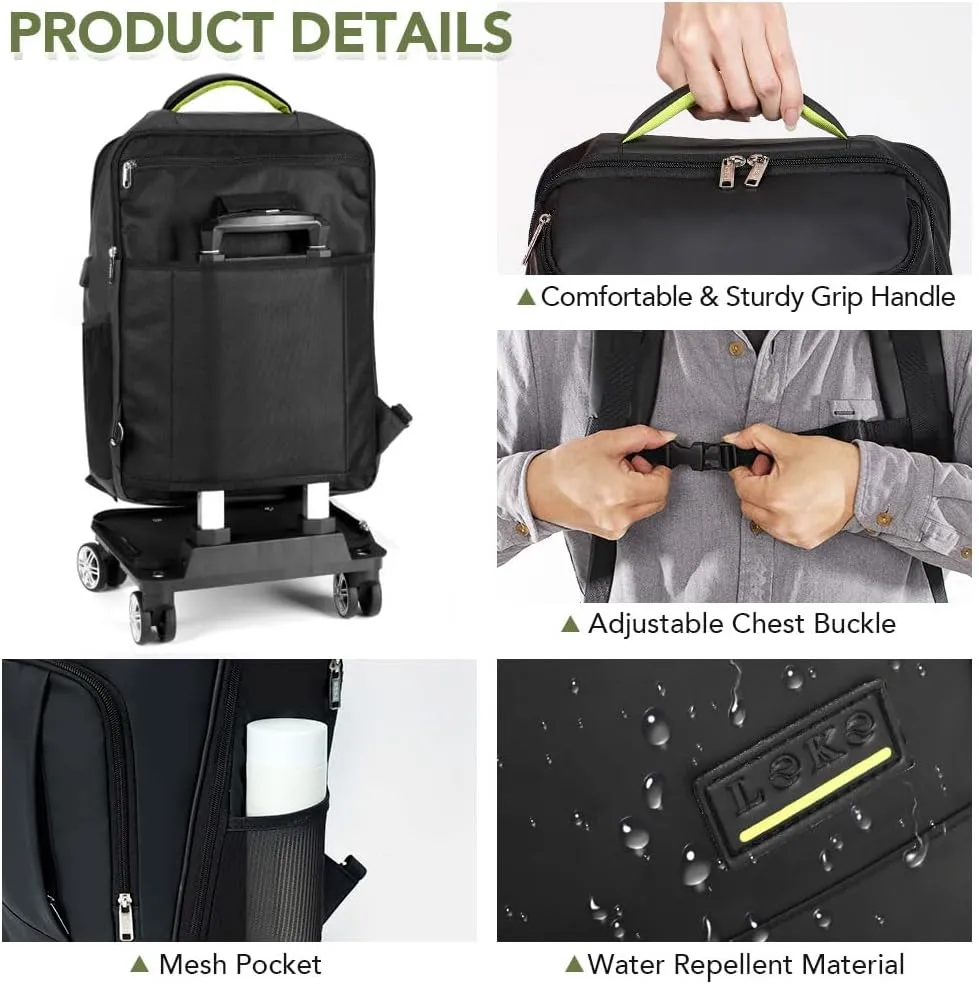 Lekebobor Travel Rolling Backpack, Waterproof Backpack with Wheels for Adults Women and Men,Business and Travel Commuter,15.6 inch Airline Approved Travel Backpack,Black