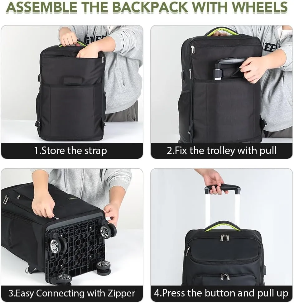 Lekebobor Travel Rolling Backpack, Waterproof Backpack with Wheels for Adults Women and Men,Business and Travel Commuter,15.6 inch Airline Approved Travel Backpack,Black