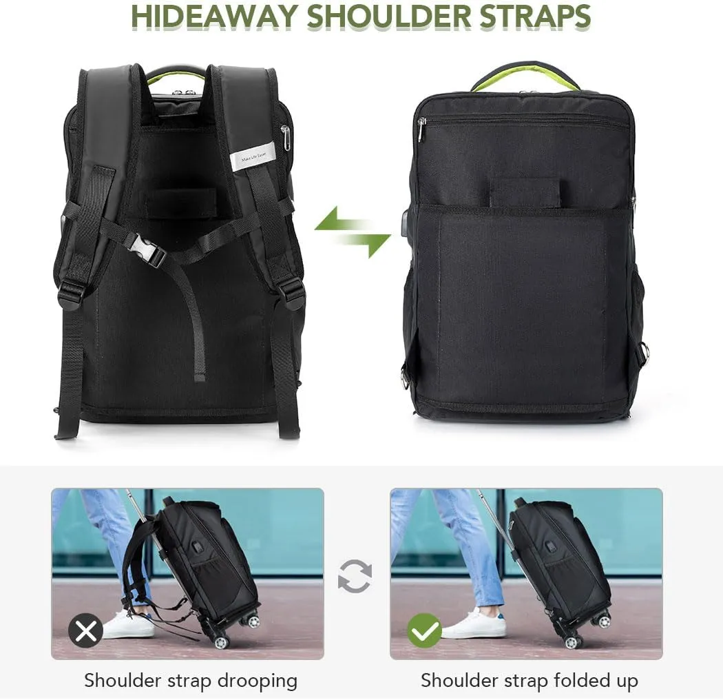 Lekebobor Travel Rolling Backpack, Waterproof Backpack with Wheels for Adults Women and Men,Business and Travel Commuter,15.6 inch Airline Approved Travel Backpack,Black