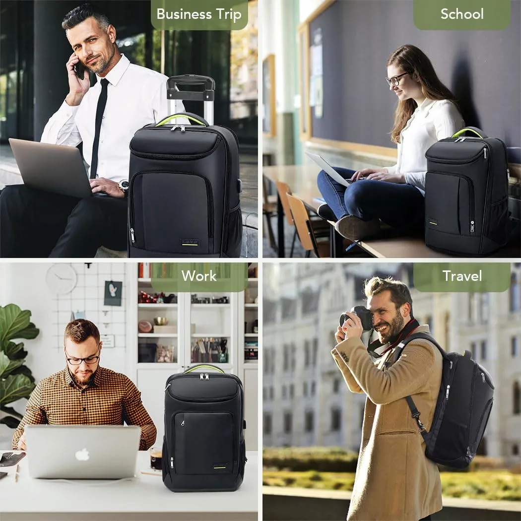 Lekebobor Travel Rolling Backpack, Waterproof Backpack with Wheels for Adults Women and Men,Business and Travel Commuter,15.6 inch Airline Approved Travel Backpack,Black