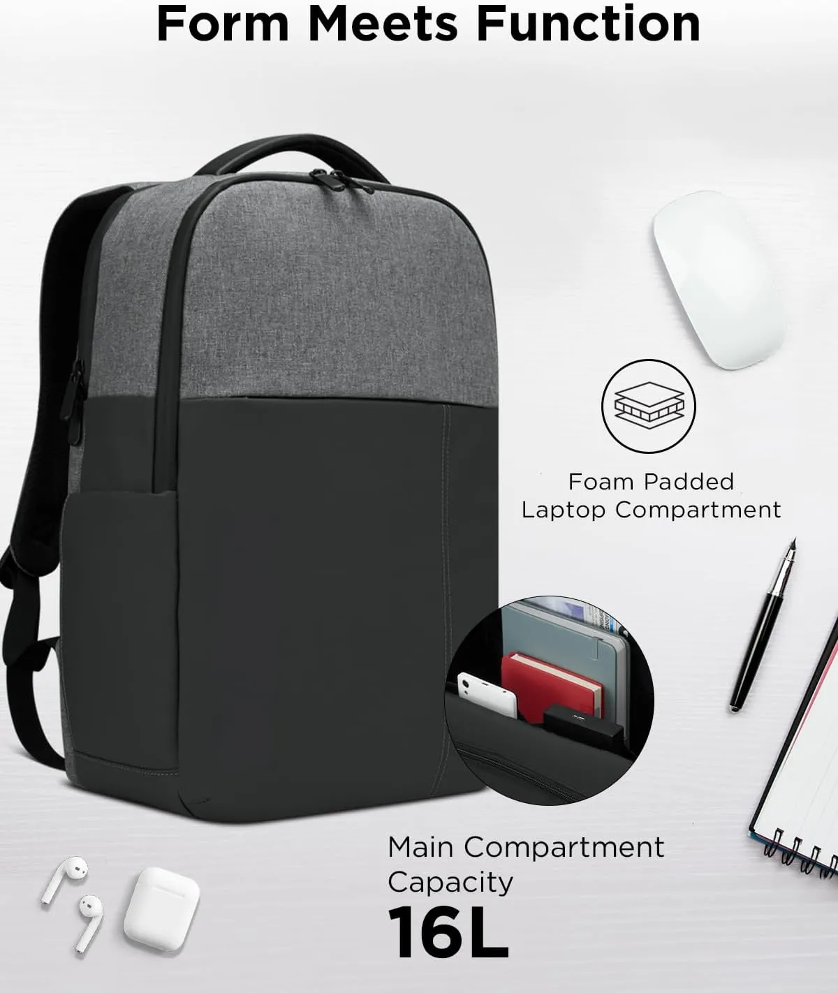 Lenovo 15.6-inch Laptop Backpack (B200) - 16L Capacity Padded Tablet & Computer Bag with 6 Pockets – Slim Everyday Water- Resistant Backpack, Grey