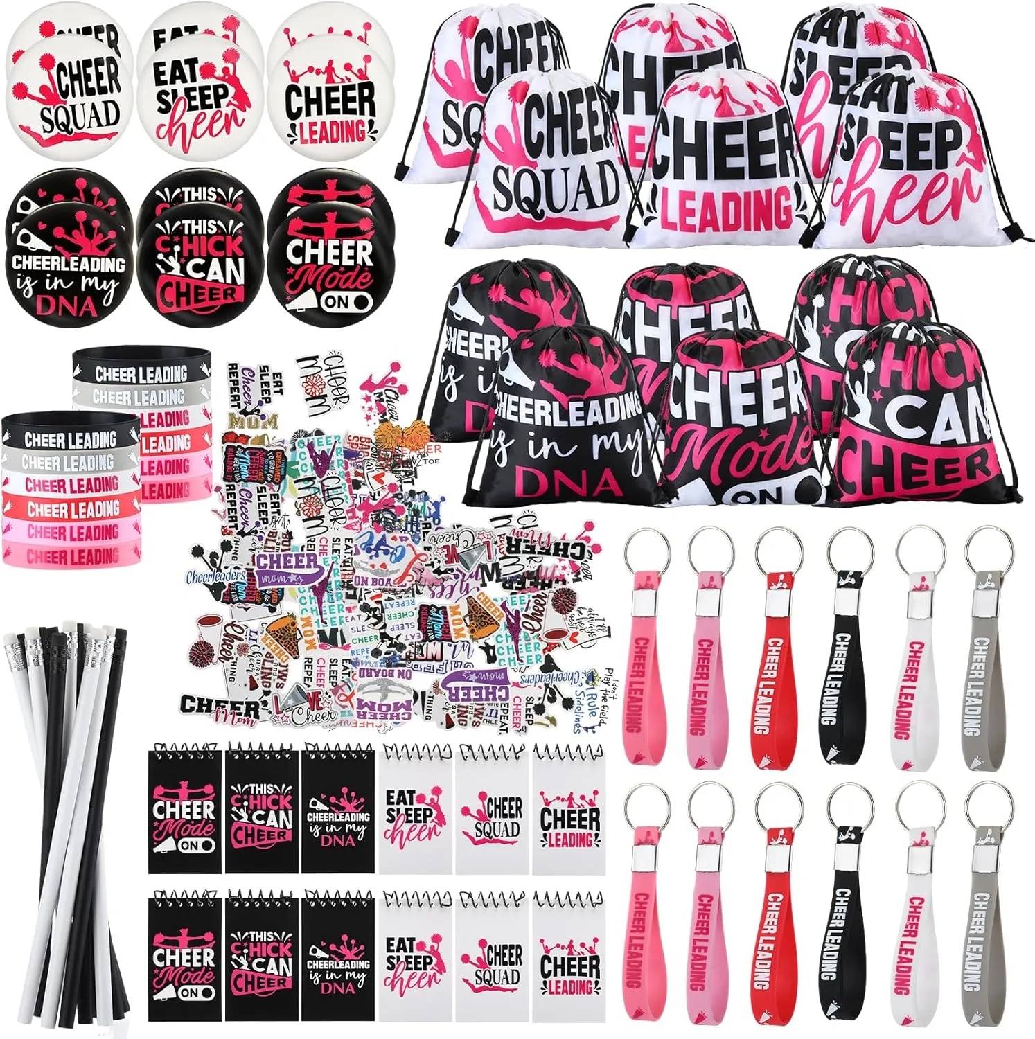 Lenwen 128 Pcs Cheerleading Party Favors Cheer Gifts for Girls Cheer Drawstring Backpack Bags Keychain Bracelets Badge Pins Sticker Pencils Spiral Notebooks for Birthday Party Supplies