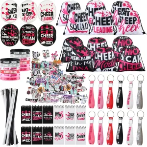 Lenwen 128 Pcs Cheerleading Party Favors Cheer Gifts for Girls Cheer Drawstring Backpack Bags Keychain Bracelets Badge Pins Sticker Pencils Spiral Notebooks for Birthday Party Supplies