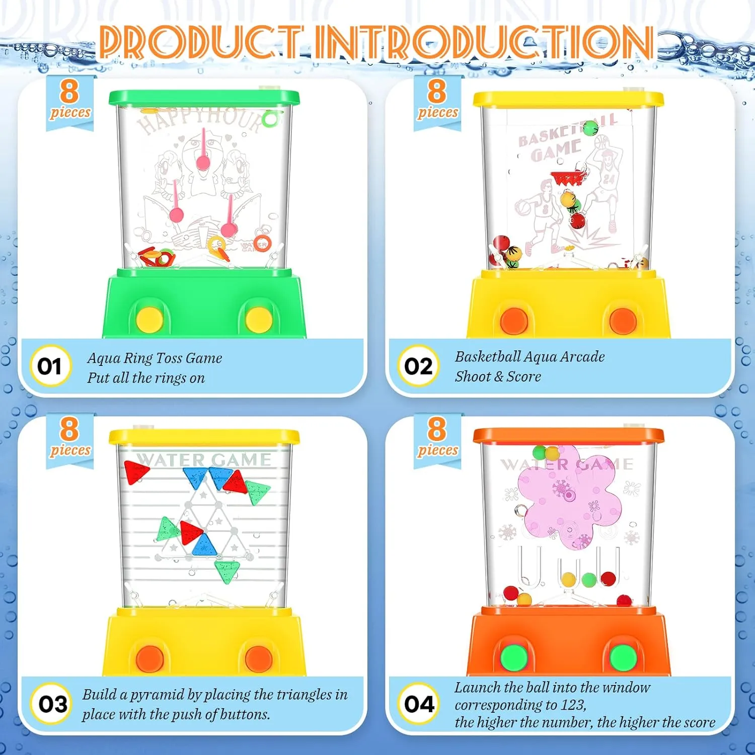 Lewtemi 32 Pcs Handheld Water Game Arcade Water Ring Mini Basketball Flower Toss Rings Fish Water Game 90s Toys Retro Pastime for Party Travel Stocking Without Water(Fresh Style)