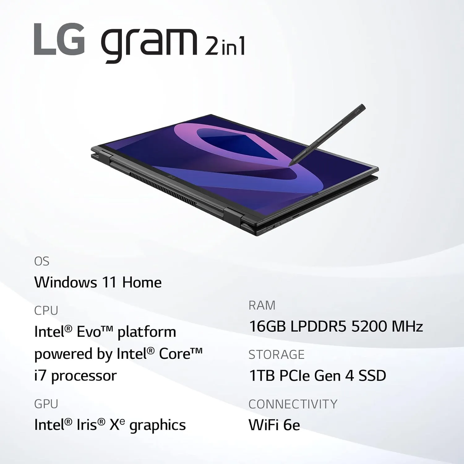 LG gram (2022) 14T90Q 2-in-1 Tablet Laptop, 14" (1920 x 1200) IPS Display, Intel Evo 12th Gen i7 1260P Processor, 16GB LPDDR5, 1TB NVMe SSD, FHD Webcam, WiFi 6E, Thunderbolt 4, Windows 11, Black