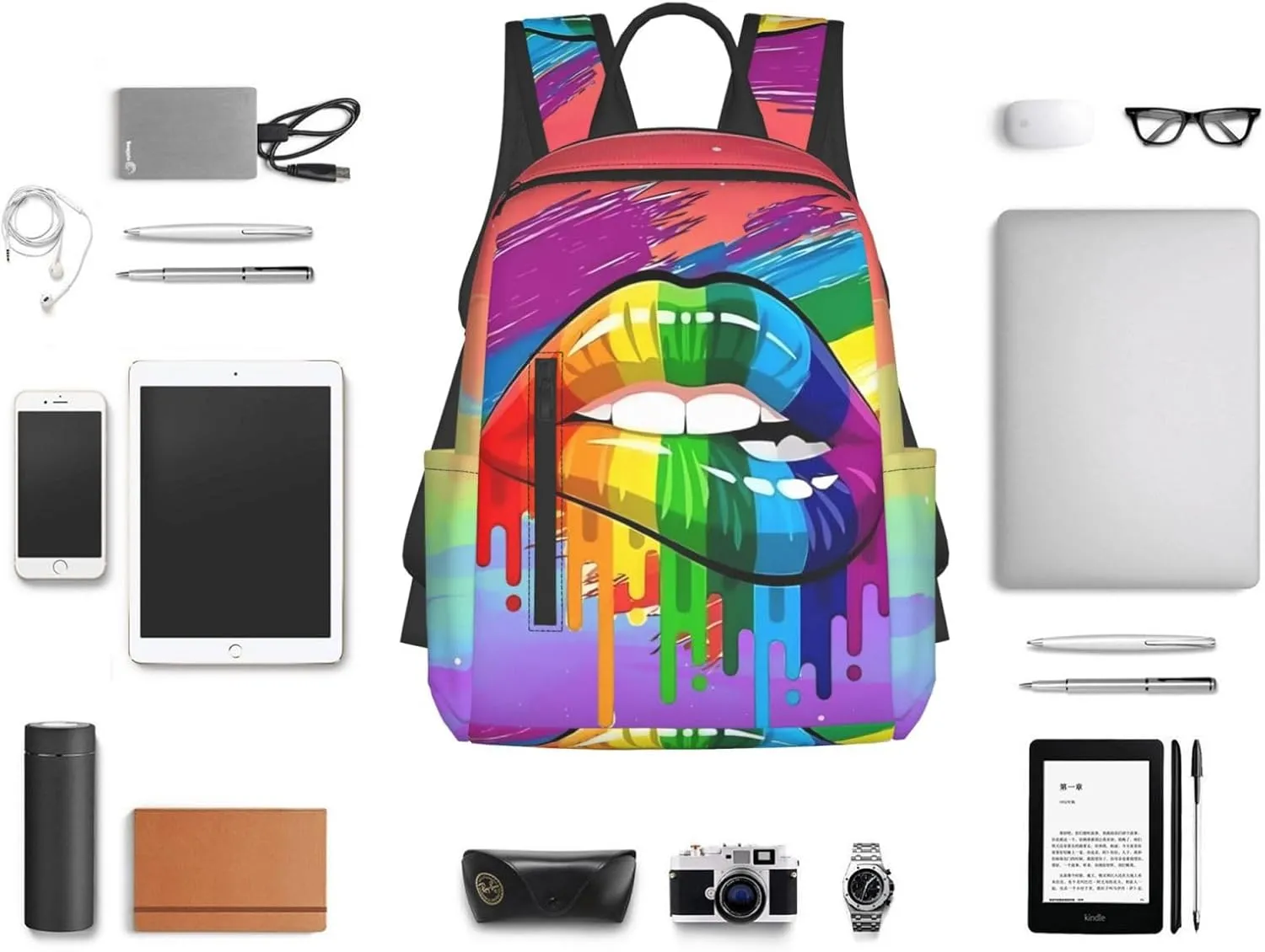 LGBT Gay Lesbian Pride Rainbow Lip Graffiti Heart Travel Laptop Backpack Casual Backpacks Double Shoulder Daypack Notebook Rucksack Work Bags Sports Bag for Gym Hiking Camping Beach
